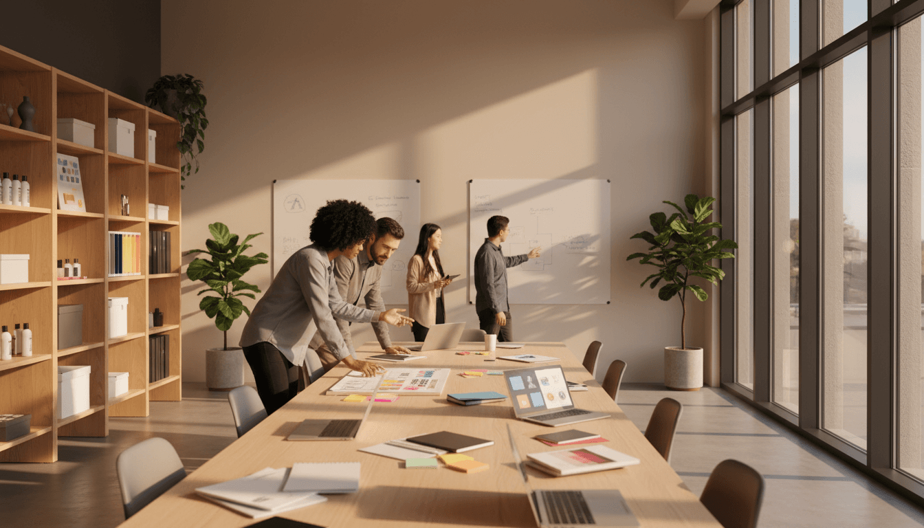 Marketing professionals discussing campaign strategy at a collaborative workspace